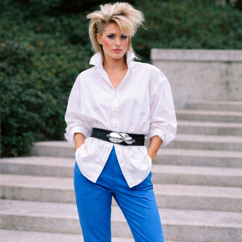 Vintage 80s Black Leather Belt with Silver Petal Buckle 33" Length